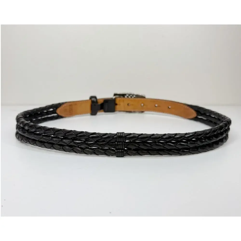 BRIGHTON Braided Woven Leather Belt Black Silver Square Buckle 90603 Womens Sz M